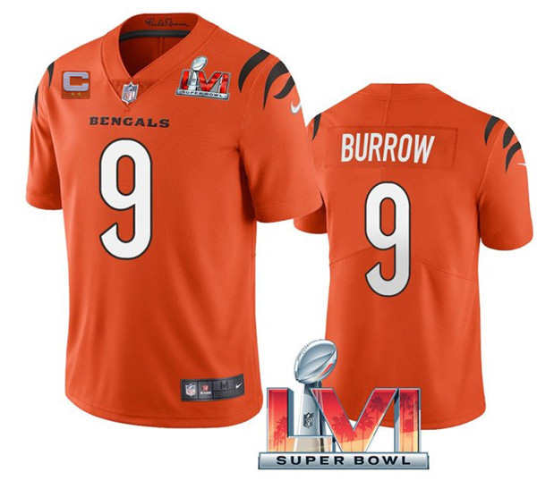 Women's Cincinnati Bengals #9 Joe Burrow 2022 Orange With C Patch Super Bowl LVI Vapor Limited Stitched Jersey(Run Small)